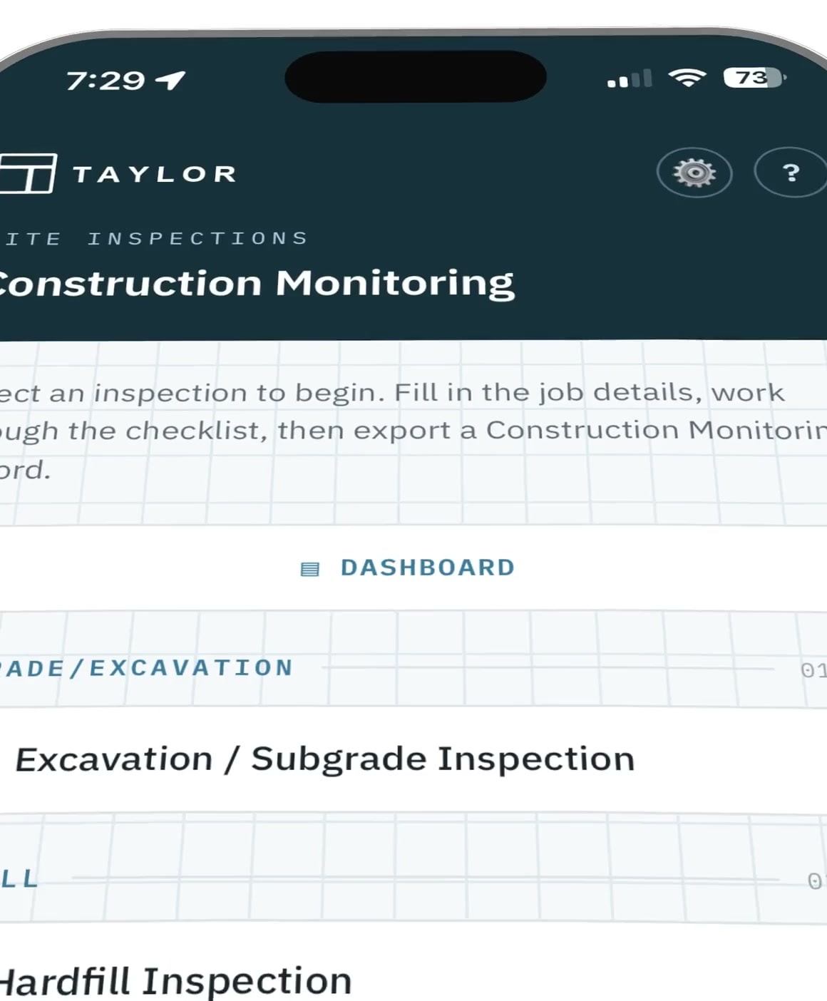 A phone running the site inspection app built for a Christchurch engineering firm