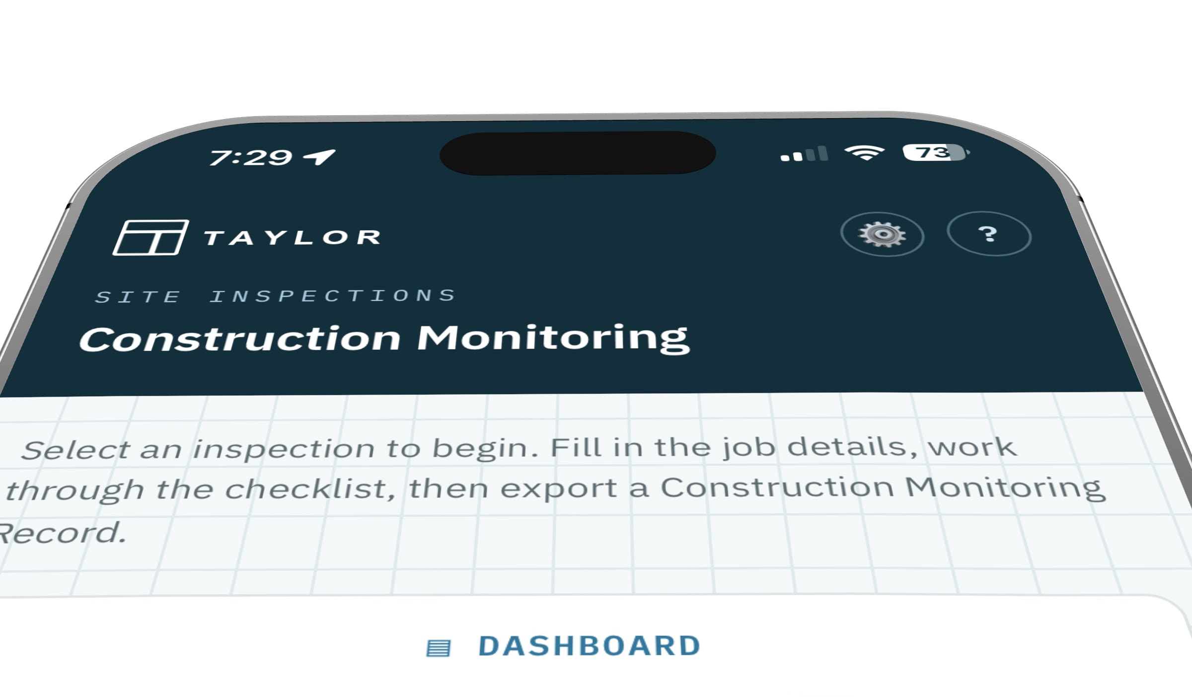 A phone running the site inspection app built for a Christchurch engineering firm, scrolling through its list of inspection types